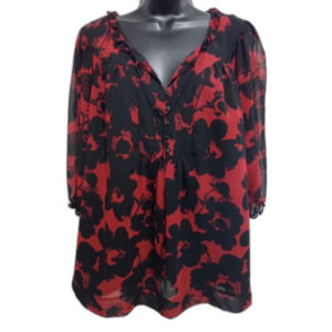 a.n.a Shirt 1X Red Wine With Black Floral Tunic Blouse Sheer Sleeves Ruffle Neck